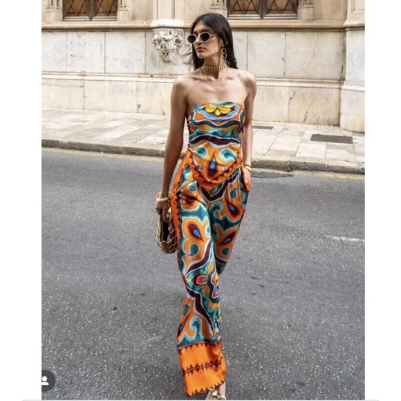 ZARA NEW WOMAN SS23 ORANGE FLOWY PRINTED PANTS REF:3098/156 XS,S,M,L,XL